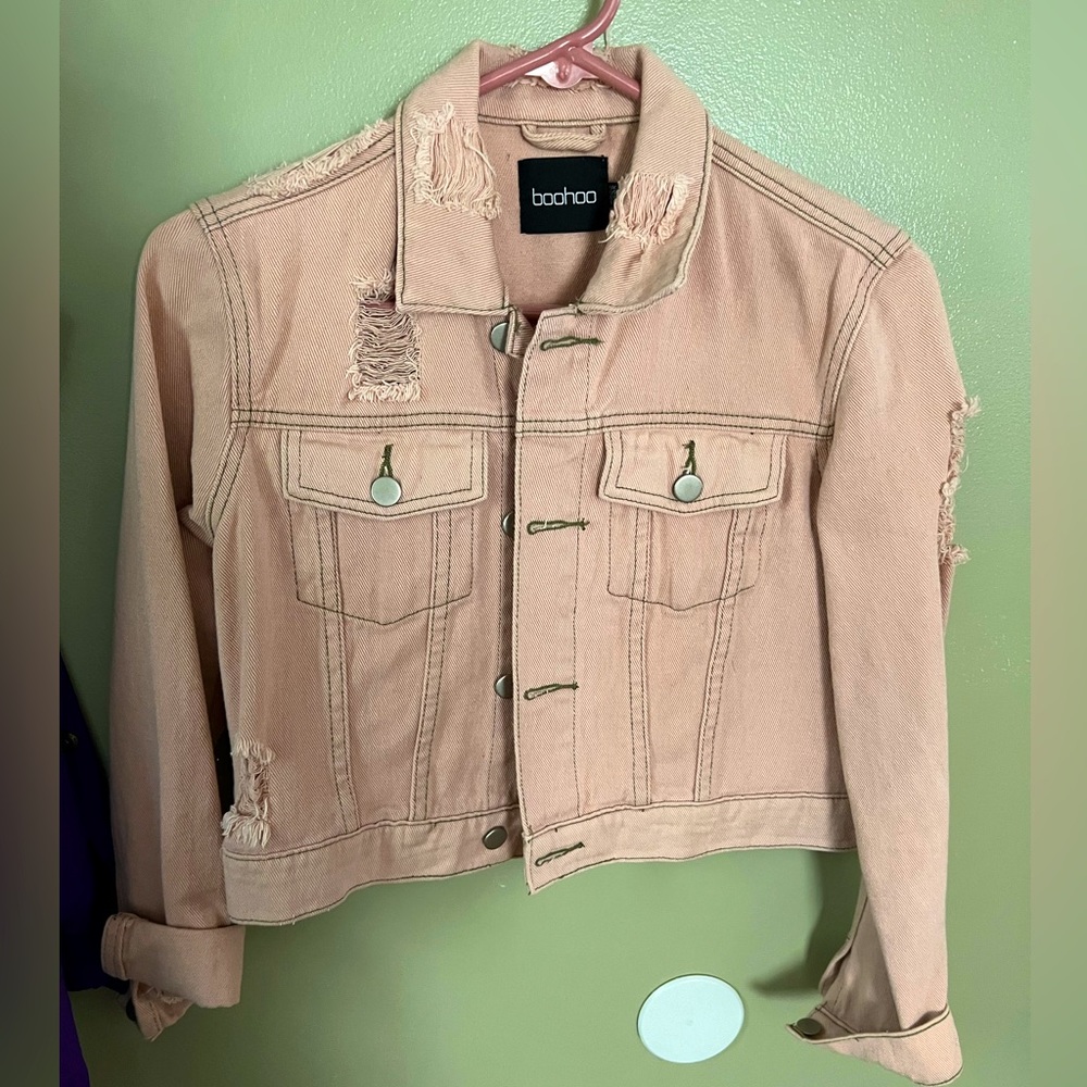 Boohoo cropped pink jean jacket